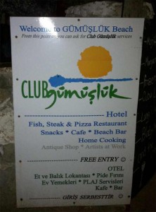 Sign for Club Gumusluk, Nr. Bodrum, Turkey