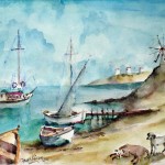 Watercolour of Bodrum Windmills and Bay