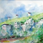 Watercolour of Bodrum Windmills, Turkey