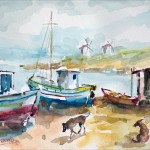 Watercolour of Windmills and Boats Bodrum Turkey