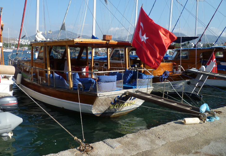 Bitez Harbour Boat with Turkish Flag Bodrum Turkey